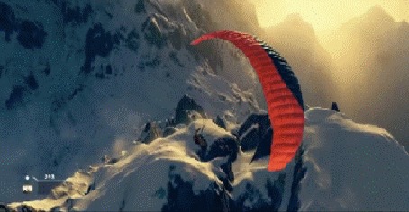 Анимация Парашютист направляет крыло на заснеженную вершину, из игры Steep