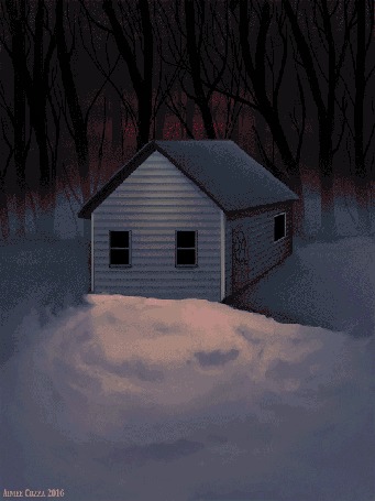 Анимация Домик в зимнем лесу с загорающимися по очереди окнами, by Aimee Cozza