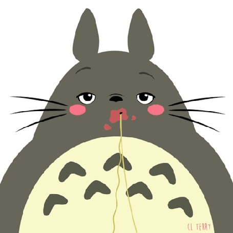 Анимация Totoro / Тоторо из аниме Tonari no Totoro / Мой сосед Тоторо, by CL Terry, ест пасту, втягивает длинные спагетти