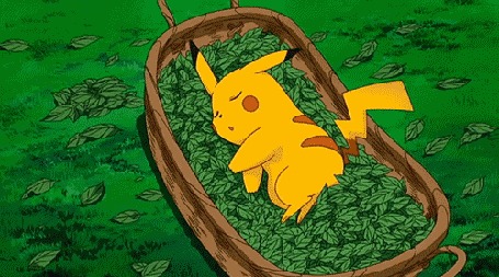 Анимация Пикачу / Pikachu спит в корзинке с зелеными листьями из аниме Покемон / Pokemon, by Loggy