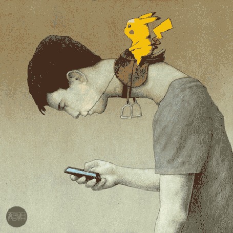 Анимация Парень с телефоном и на шее у него сидит Pikachu / Пикачу, покемон оседлал игрока