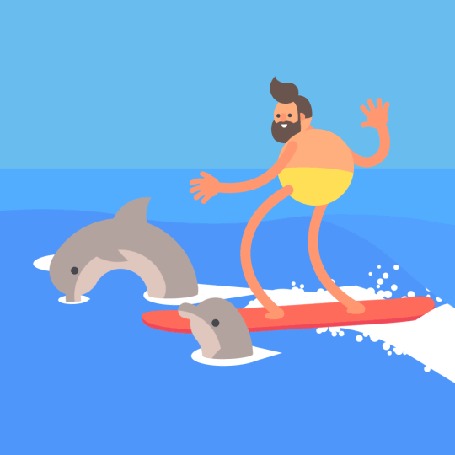Анимация Смешной мужчина серфингист на воде и рядом дельфины