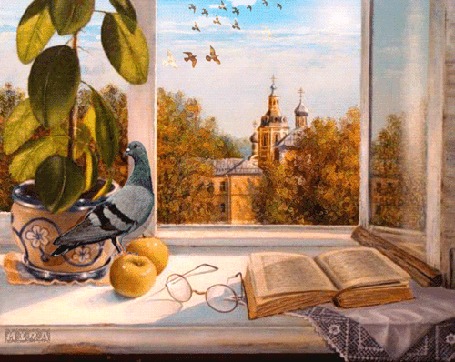 Анимация Голубь на подоконнике на фоне неба с перелетными птицами