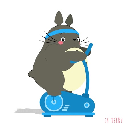 Анимация Totoro / Тоторо из аниме Tonari no Totoro / Мой сосед Тоторо в голубой повязке занимается едет на велотренажере, by CL Terry