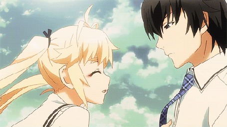 Анимация Мичиру Мацушима / Michiru Matsushima и Юджи Казами / Yuuji Kazami из аниме Плод Грисайи / Grisaia no Kajitsu, девушка целует парня