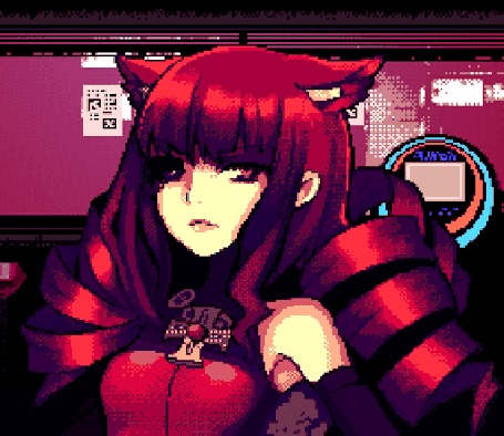 Анимация Девушка Stella в красном костюме персонаж игры VA-11 Hall-A симулятор бармена шевелит лисьими ушками и говорит
