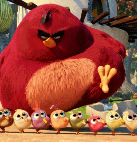 Анимация Смешная птица Ред (Red) из мультфильма Angry Birds танцует с птенцами, как сумоист топает ногой аж цыплята подпрыгивают