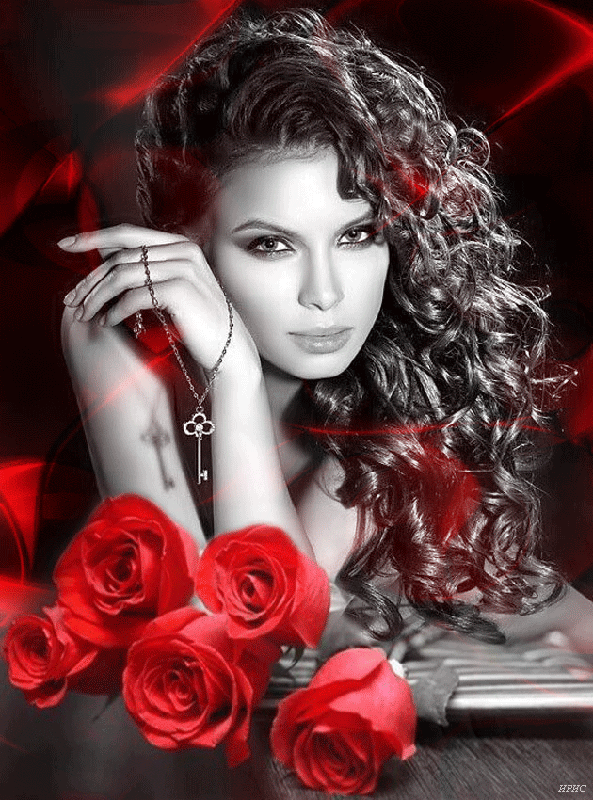 Анимация Девушка с темными длинными кудрявыми волосами держит ключик в руке, облокотясь на столик, на котором лежат красные розы, гифка Девушка с темными длинными кудрявыми волосами держит ключик в руке, облокотясь на столик, на котором лежат красные розы