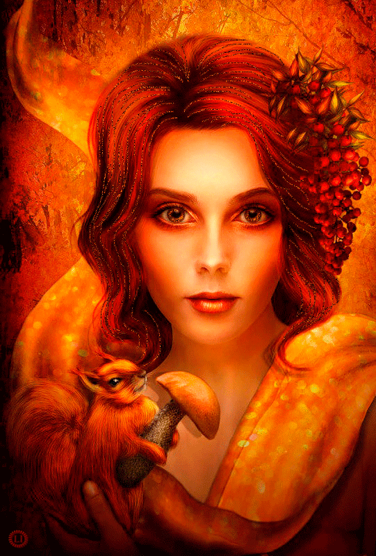 Анимация Рыжеволосая девушка держит в руках белку с грибом, гифка Рыжеволосая девушка держит в руках белку с грибом
