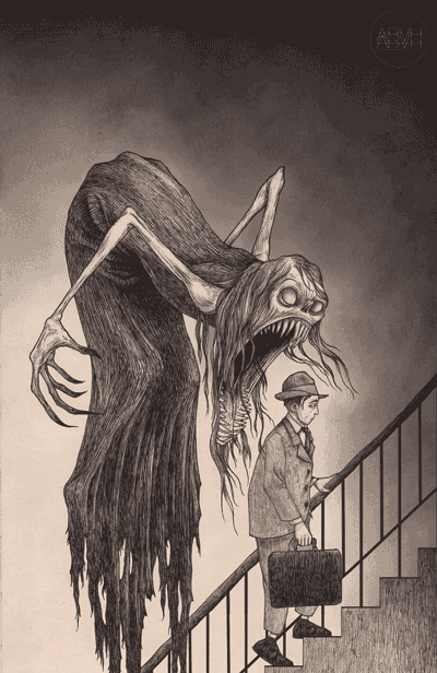 Анимация Страх в виде костлявого, зубастого, серого существа, нависает над мужчиной с портфелем в руке, поднимающегося по лестнице и постепенно заглатывает его дух, гифка