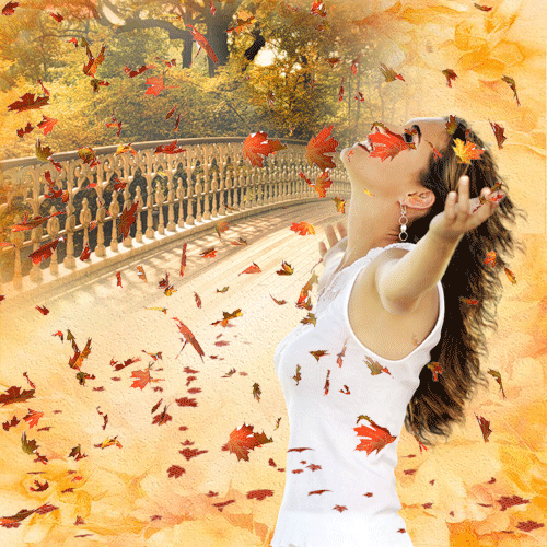 Анимация Девушка стоит под падающей осенней листвой, гифка Девушка стоит под падающей осенней листвой