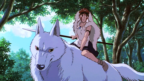 Анимация Девушка верхом на волке, кадр из мультфильма Princess Mononoke / Принцесса Мононоке, гифка Девушка верхом на волке, кадр из мультфильма Princess Mononoke / Принцесса Мононоке
