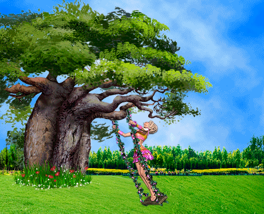 Анимация Девушка в розовом платье качается на качели под деревом, гифка Девушка в розовом платье качается на качели под деревом