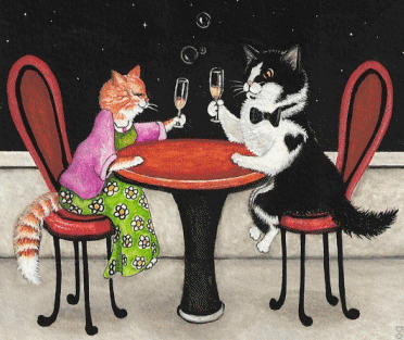 Анимация Кот и кошка сидят за столом и пьют шампанское из бокалов, гифка Кот и кошка сидят за столом и пьют шампанское из бокалов