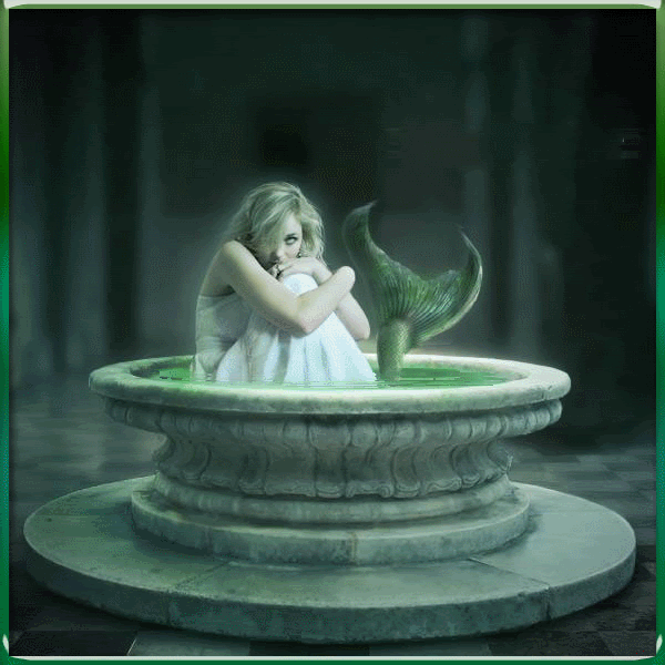 Анимация Девушка сидит в воде в каменной чаше, из которой выглядывает хвост большой рыбы, гифка Девушка сидит в воде в каменной чаше, из которой выглядывает хвост большой рыбы