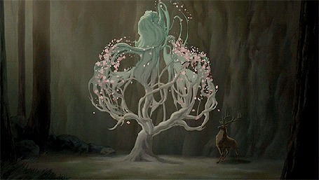 Анимация Персонаж мультфильма Фантазия 2000 / Fantasia 2000 девушка - дерево, встряхивает своими руками - ветками розовый цвет, рядом стоит удивленный олень