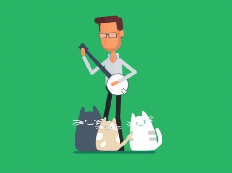 Анимация Мужчина играет на банджо, а котики танцуют под музыку