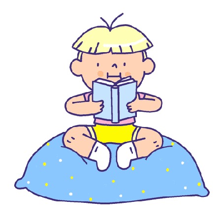 Анимация Мальчуган сидит на дышащей подушке и читает книжку