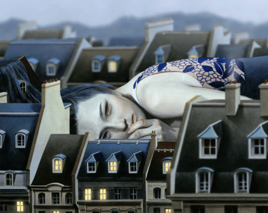 Анимация Девушка лежит среди маленьких домов, by Tran Nguyen, гифка Девушка лежит среди маленьких домов, by Tran Nguyen