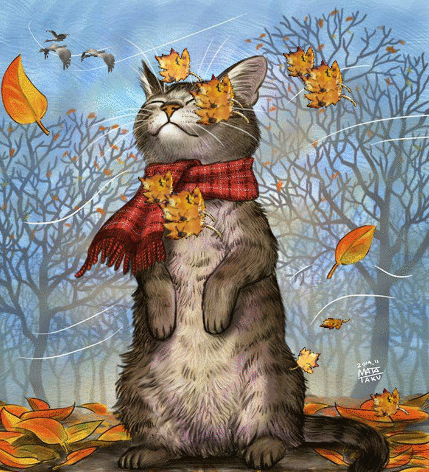 Анимация Кот с шарфом стоит под падающей осенней листвой, гифка Кот с шарфом стоит под падающей осенней листвой