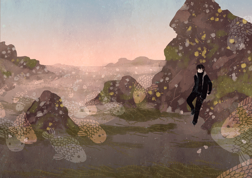 Анимация Парень стоит возле небольшой горы, а мимо него проплывают призрачные рыбы, by Manadhiel, гифка Парень стоит возле небольшой горы, а мимо него проплывают призрачные рыбы, by Manadhiel