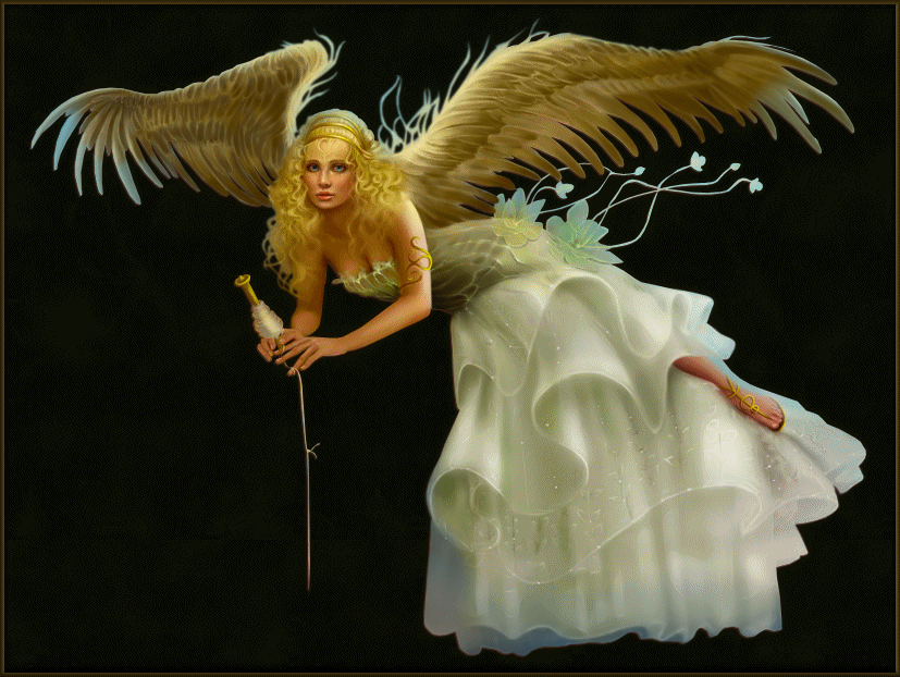 Анимация Девушка-ангел с длинными светлыми волосами в белом платье на черном фоне, гифка Девушка-ангел с длинными светлыми волосами в белом платье на черном фоне