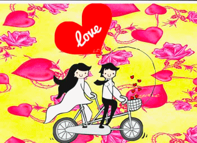 Анимация Девушка и парень едут на велосипеде на фоне сердечек (love), гифка Девушка и парень едут на велосипеде на фоне сердечек (love)