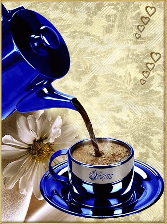 Анимация Из синего кофейника в чашку наливается кофе, на салфетке лежит белая ромашка, by Ayres, гифка Из синего кофейника в чашку наливается кофе, на салфетке лежит белая ромашка, by Ayres