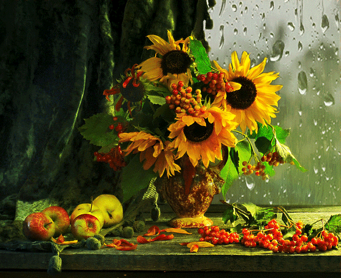Анимация Осенний букет в вазе перед окном, за которым идет дождь, гифка Осенний букет в вазе перед окном, за которым идет дождь
