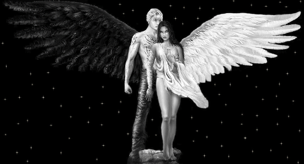 Анимация Парень-ангел с черным крылом и девушка-ангел с белым крылом стоят рядом, гифка Парень-ангел с черным крылом и девушка-ангел с белым крылом стоят рядом