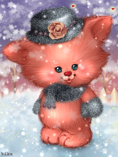 Анимация Рыжий лисенок в шляпе и в шарфе на шее под падающим снегом, dy biki, гифка Рыжий лисенок в шляпе и в шарфе на шее под падающим снегом, dy biki