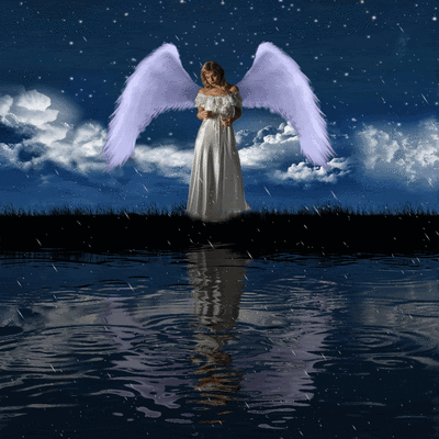 Анимация Девушка-ангел в белом длинном платье стоит на берегу озера под дождем на фоне неба, гифка Девушка-ангел в белом длинном платье стоит на берегу озера под дождем на фоне неба