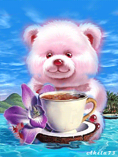 Анимация Медвежонок на фоне моря и неба, чашечки кофе, кокосового ореха и фиолетовой орхидеи, by Akela73, гифка Медвежонок на фоне моря и неба, чашечки кофе, кокосового ореха и фиолетовой орхидеи, by Akela73