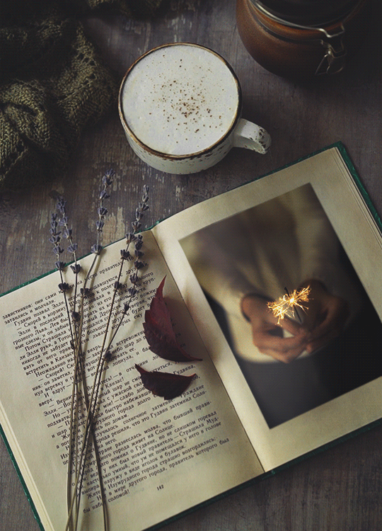 Анимация На столе лежит открытая книга, где изображена девушка, которая держит горящий бенгальский огонь, гифка На столе лежит открытая книга, где изображена девушка, которая держит горящий бенгальский огонь