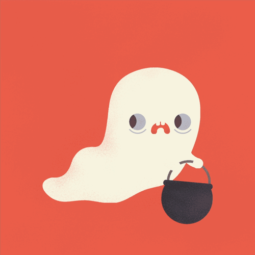Анимация Испуганное привидение с котелком для сладостей, праздник Halloween / Хэллоуин, гифка