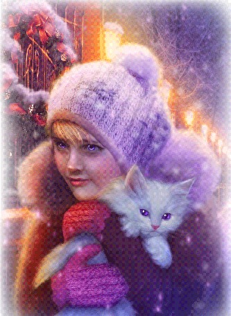 Анимация Девочка в зимней одежде, стоит на зимней вечерней улице с горящими фонарями и держит на руках белую кошку, с неба тихо падают снежинки