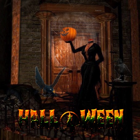 Анимация Ведьма снимает голову в виде тыквы-фонаря, рядом вороны (Halloween), by Lush@