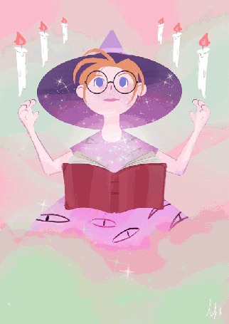 Анимация Девочка в очках сидит перед волшебной книгой