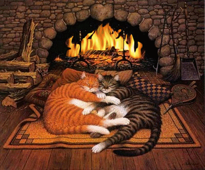 Анимация Коты лежат у камина, гифка Коты лежат у камина