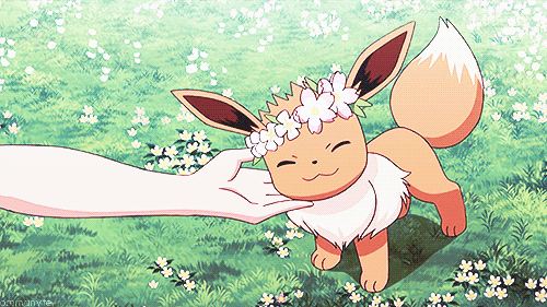 Анимация Рука ласкает покемона Eevee / Иви из аниме Покемон / Pokemon в венке из цветов, гифка Рука ласкает покемона Eevee / Иви из аниме Покемон / Pokemon в венке из цветов