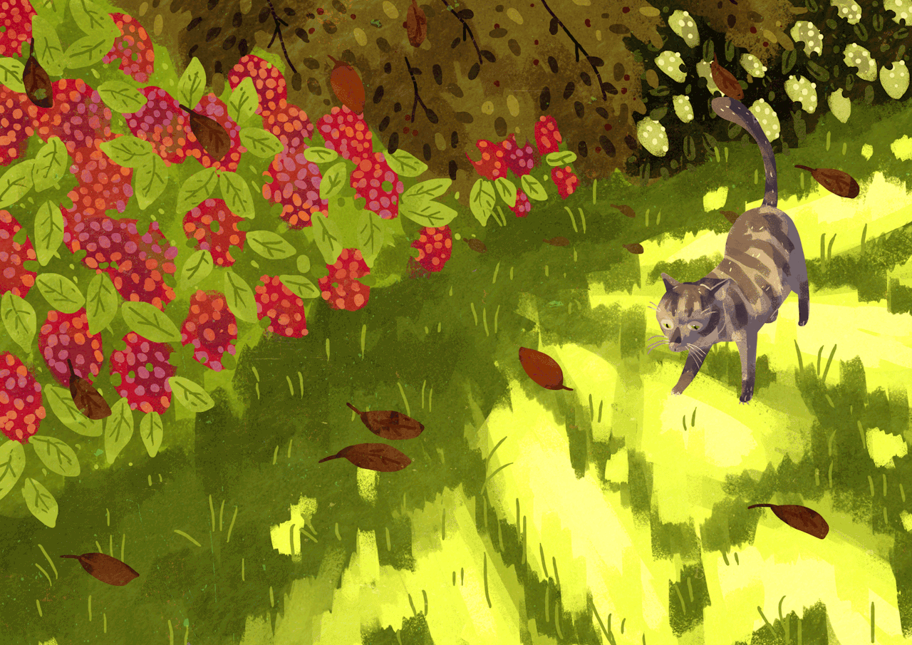 Анимация Кошка играет осенними листьями, by Lara Paulussen, гифка Кошка играет осенними листьями, by Lara Paulussen