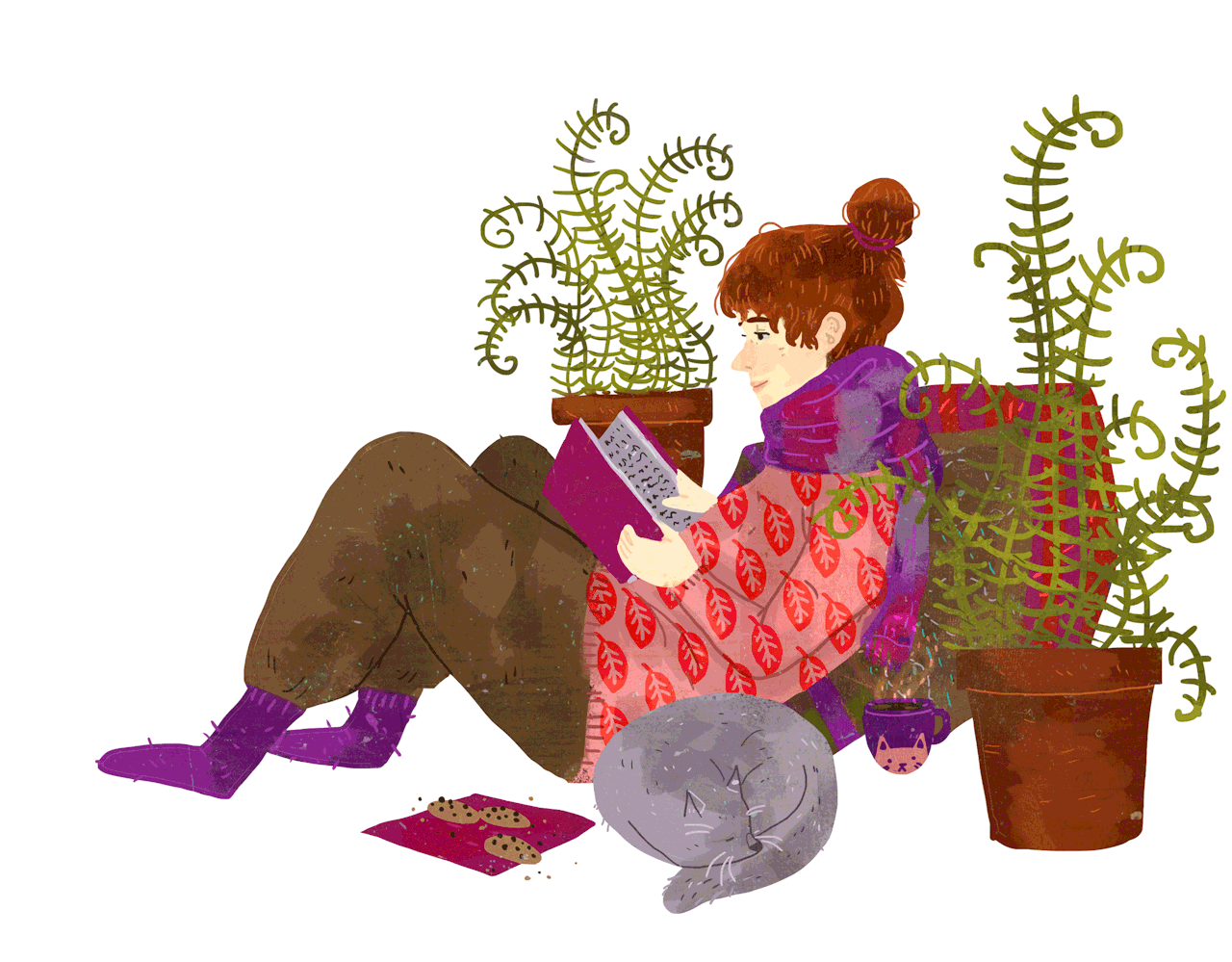 Анимация Девушка читает книгу, рядом спит кошка, by Lara Paulussen, гифка