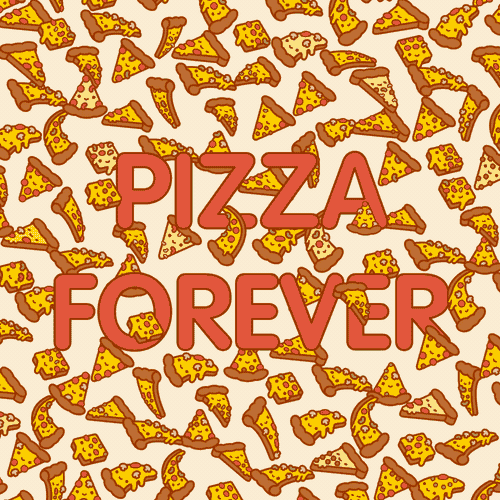 Анимация Кусочки пиццы парят вокруг надписи Pizza Forever / Пицца навсегда, гифка Кусочки пиццы парят вокруг надписи Pizza Forever / Пицца навсегда
