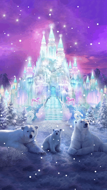 Анимация Три белых медведя на снегу охраняют дворец, гифка Три белых медведя на снегу охраняют дворец