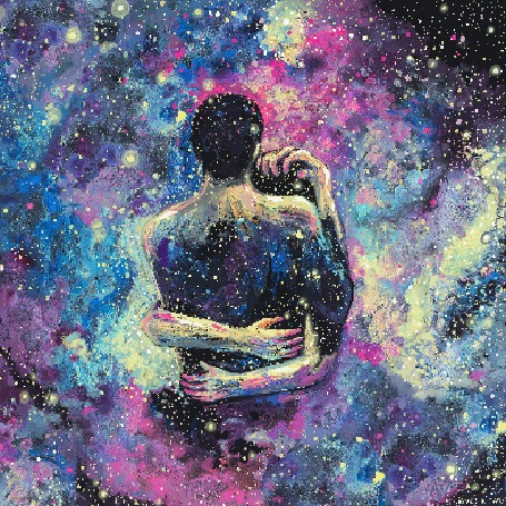 Анимация Влюбленные на фоне космоса, иллюстратор James R. Eads