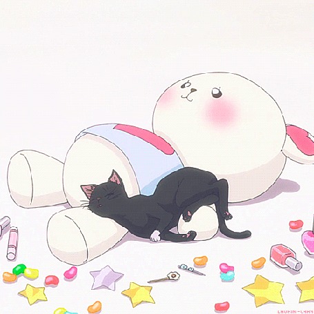 Анимация Кошка спит на плюшевом медведе, отрывок из опенинга к аниме Ao Haru Ride / Неудержимая юность / Дорога юности