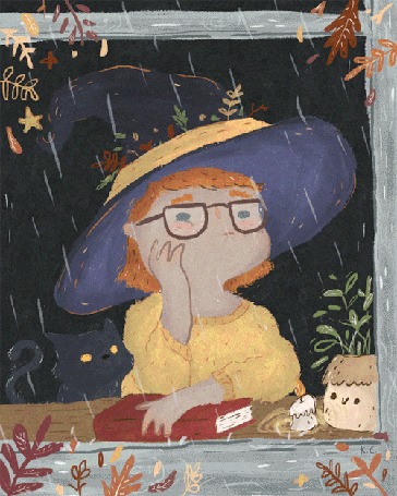 Анимация Девушка в шляпе и очках, с книгой и котом сидит у окна, за которым идет дождь