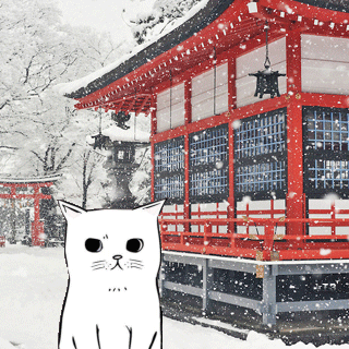 Анимация Белый котик под падающим снегом у японского храма, гифка Белый котик под падающим снегом у японского храма