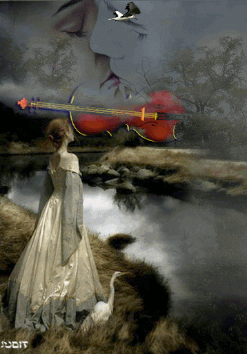 Анимация Девушка в длинном платье стоит у реки, думая о любви, гифка Девушка в длинном платье стоит у реки, думая о любви