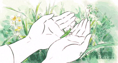 Анимация В руках зеленый кузнечик, аниме The Tale of Princess Kaguya / Сказание о принцессе Кагуя, гифка В руках зеленый кузнечик, аниме The Tale of Princess Kaguya / Сказание о принцессе Кагуя